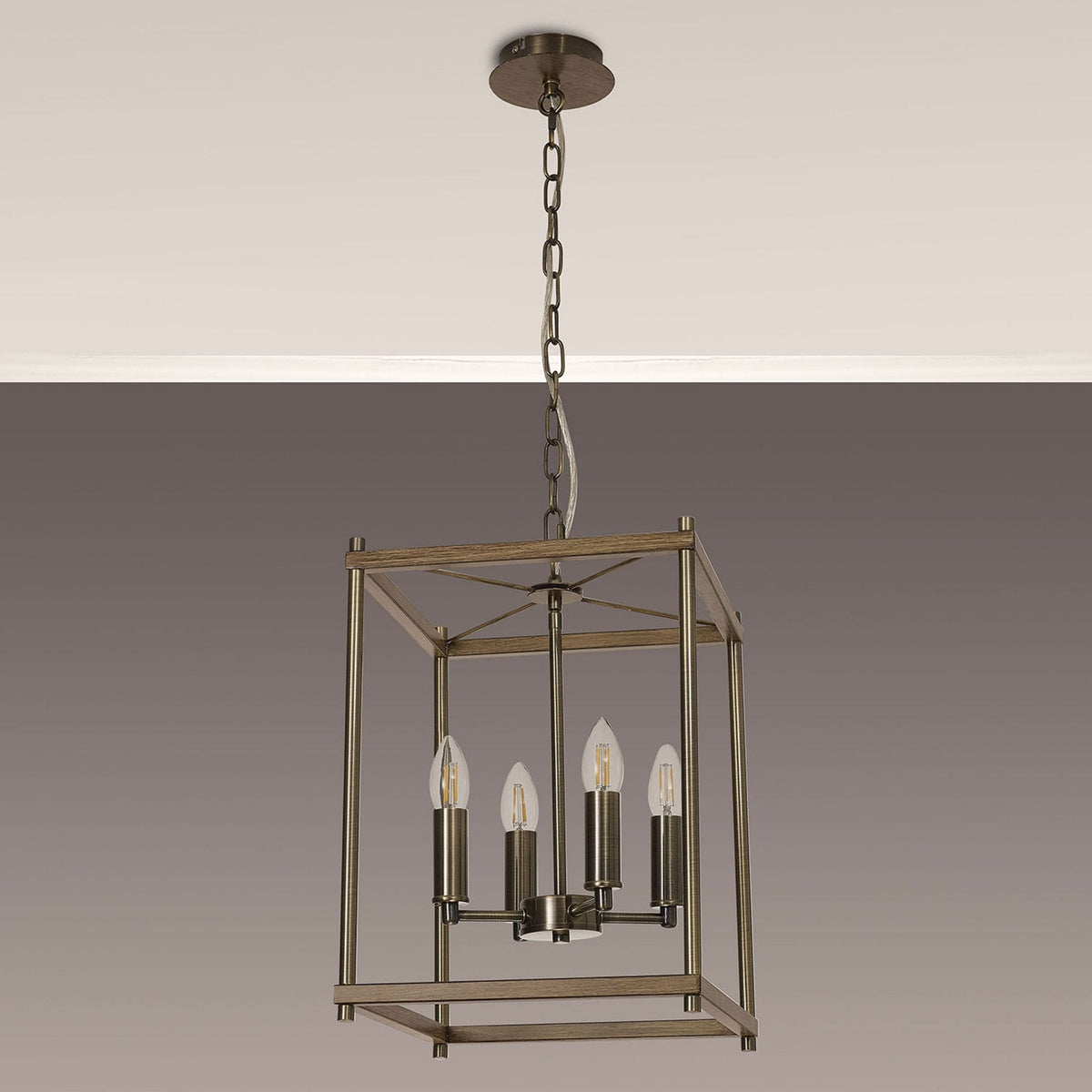 Huntshaw Four Light Pendant in Medium Oak & Antique Brass