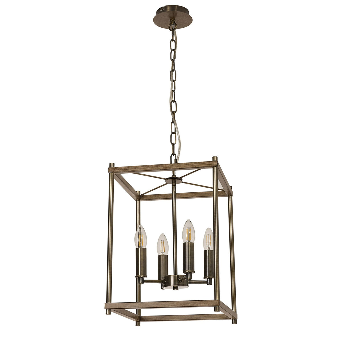 Huntshaw Four Light Pendant in Medium Oak & Antique Brass