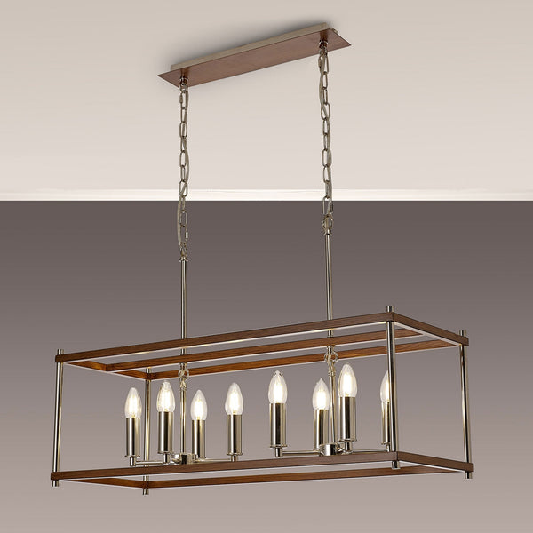 Huntshaw Eight Light Linear Pendant in Walnut & Polished Nickel