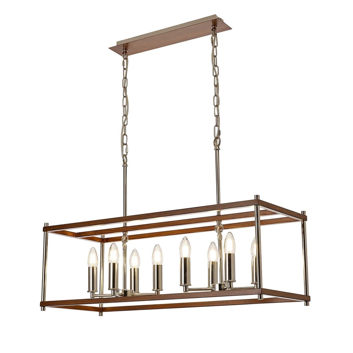 Huntshaw Eight Light Linear Pendant in Walnut & Polished Nickel