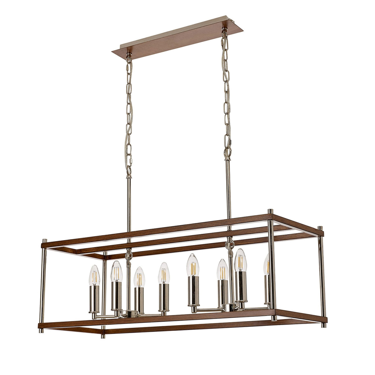 Huntshaw Eight Light Linear Pendant in Walnut & Polished Nickel