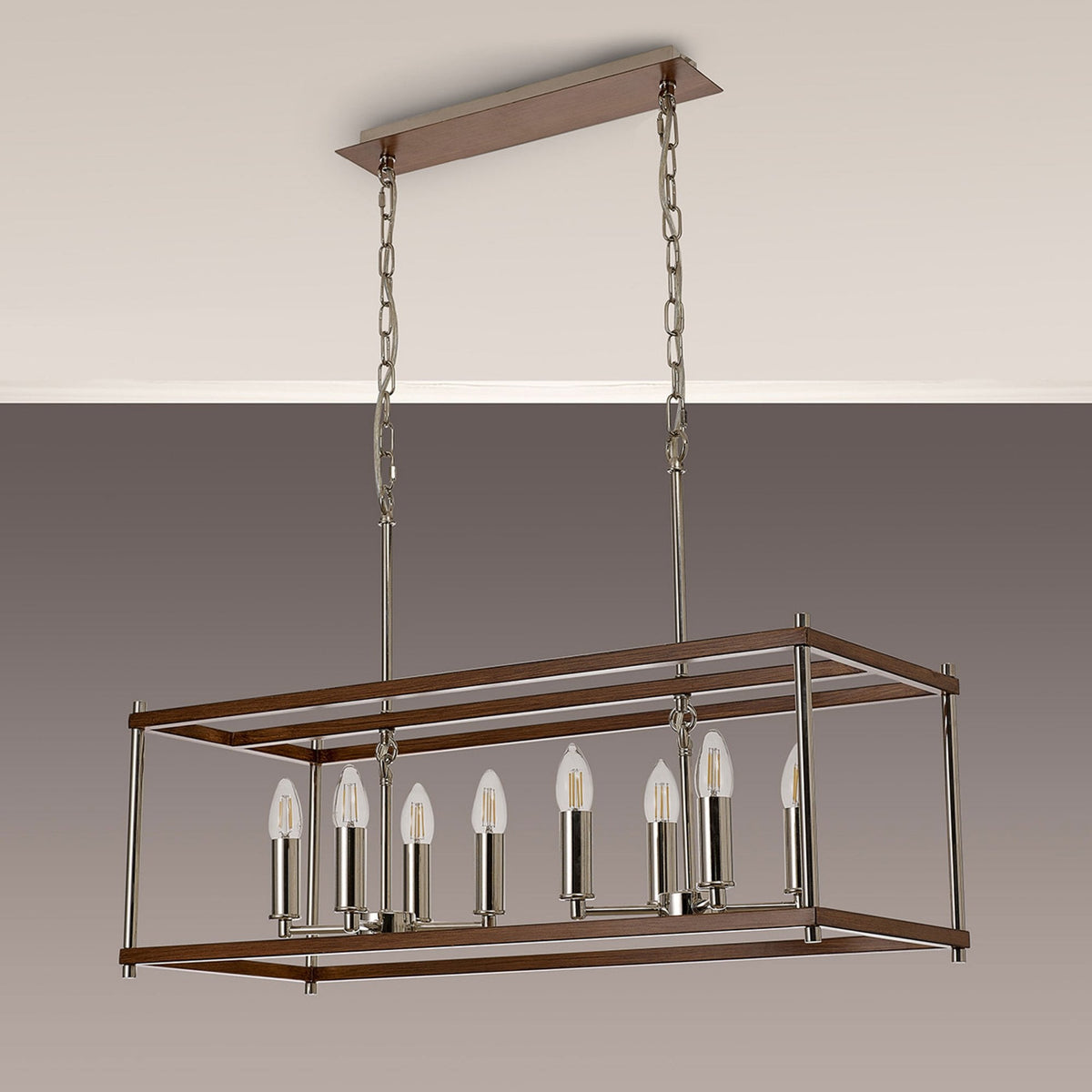 Huntshaw Eight Light Linear Pendant in Walnut & Polished Nickel