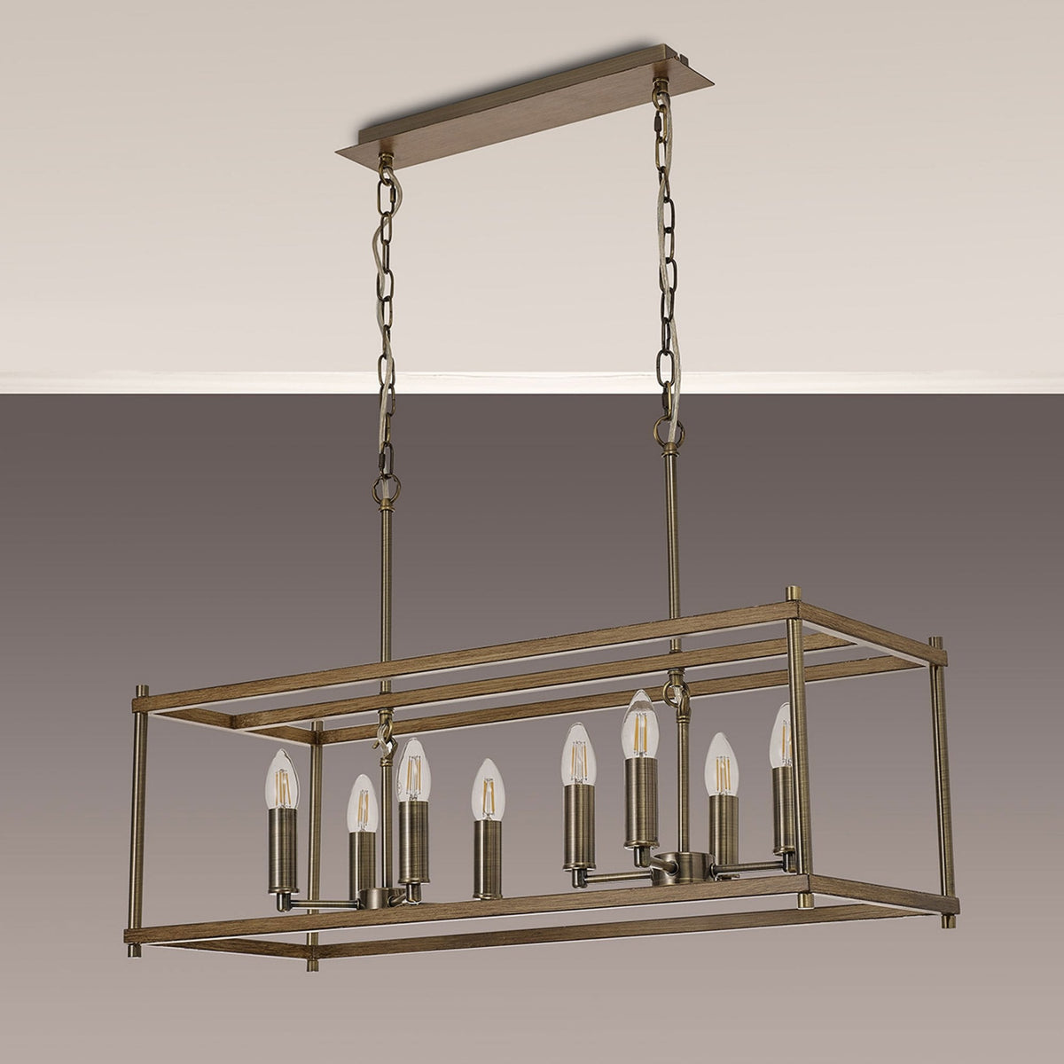 Huntshaw Eight Light Linear Pendant in Medium Oak & Antique Brass