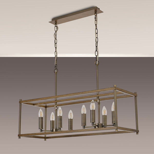 Huntshaw Eight Light Linear Pendant in Medium Oak & Antique Brass