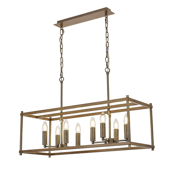 Huntshaw Eight Light Linear Pendant in Medium Oak & Antique Brass