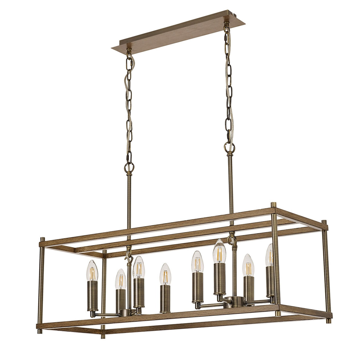 Huntshaw Eight Light Linear Pendant in Medium Oak & Antique Brass