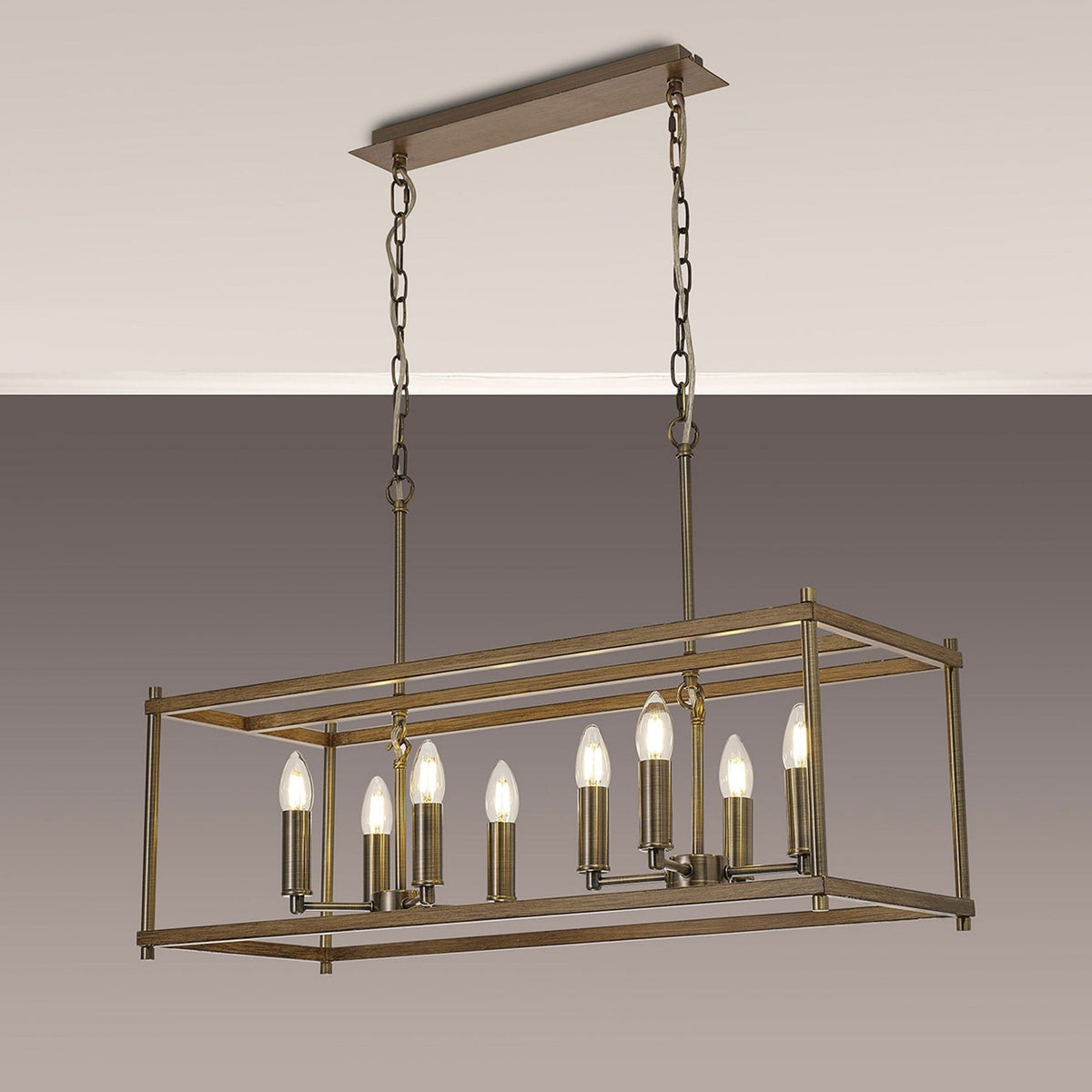 Huntshaw Eight Light Linear Pendant in Medium Oak & Antique Brass