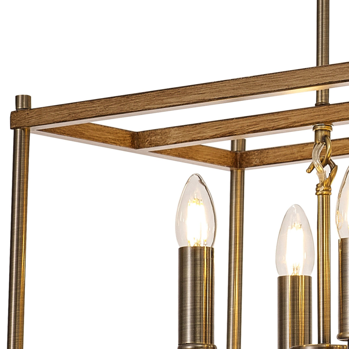 Huntshaw Eight Light Linear Pendant in Medium Oak & Antique Brass