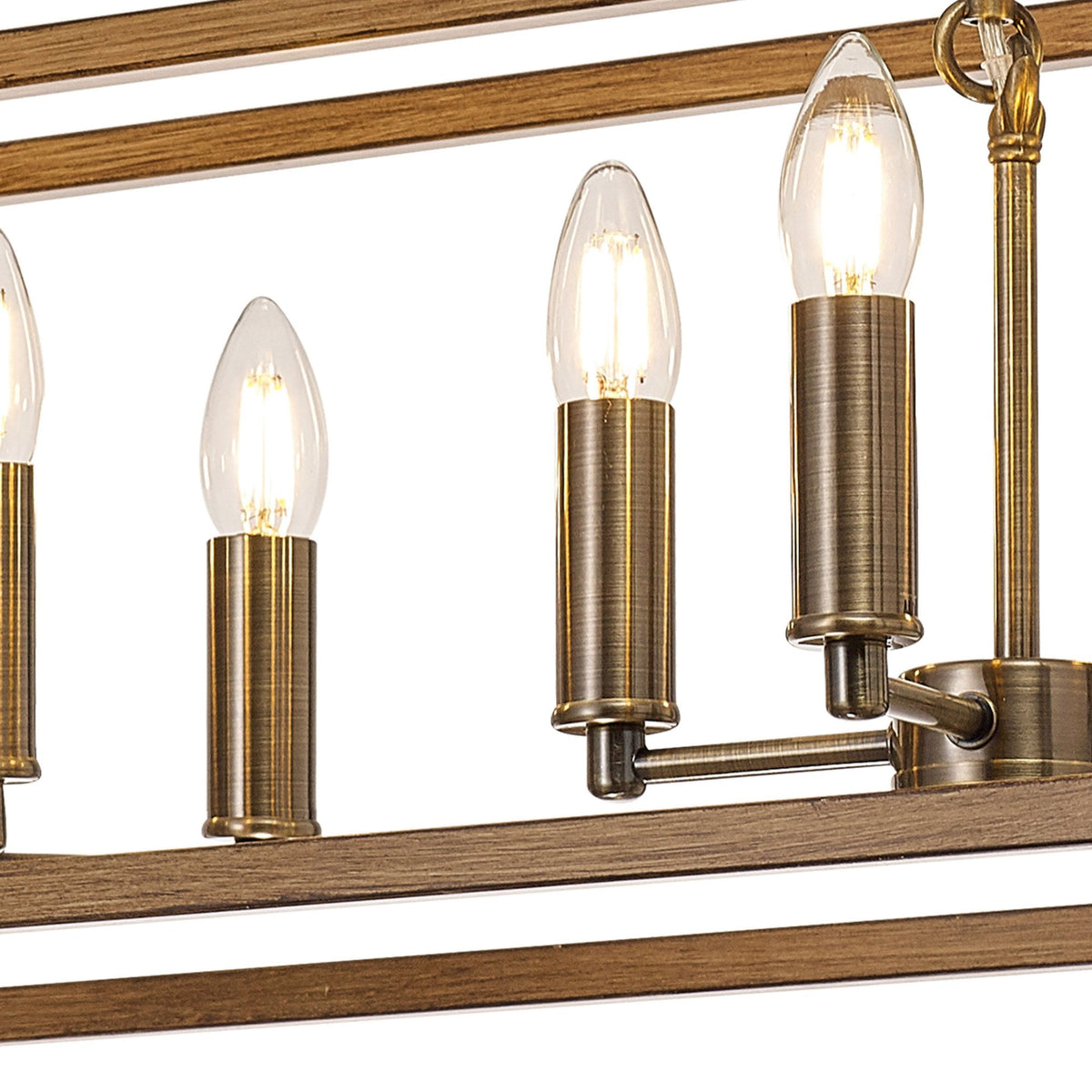 Huntshaw Eight Light Linear Pendant in Medium Oak & Antique Brass