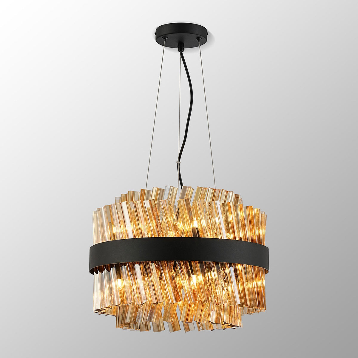 Kelly Ten Light Pendant in Satin Black & Amber Glass