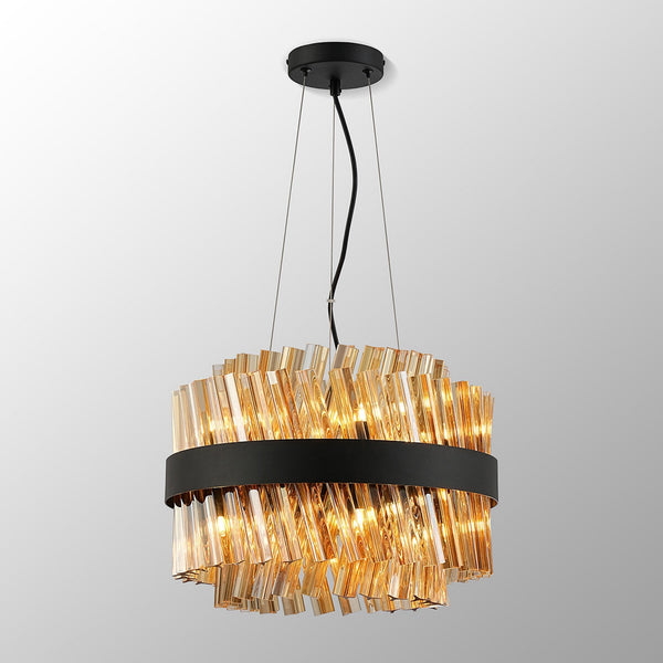 Kelly Ten Light Pendant in Satin Black & Amber Glass
