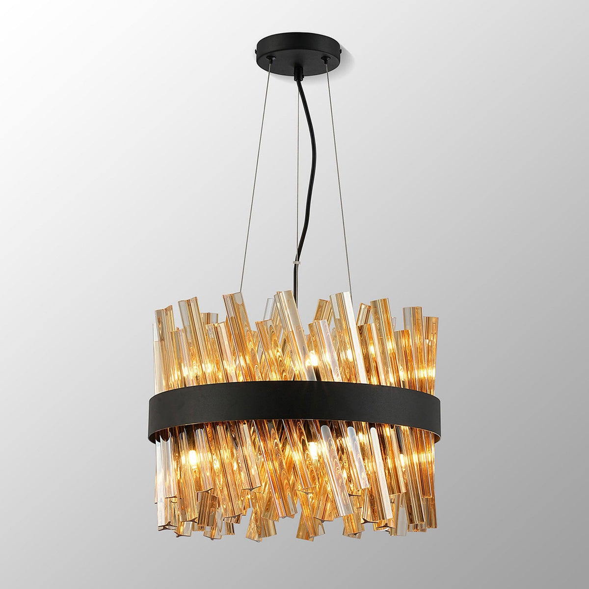 Kelly Ten Light Pendant in Satin Black & Amber Glass