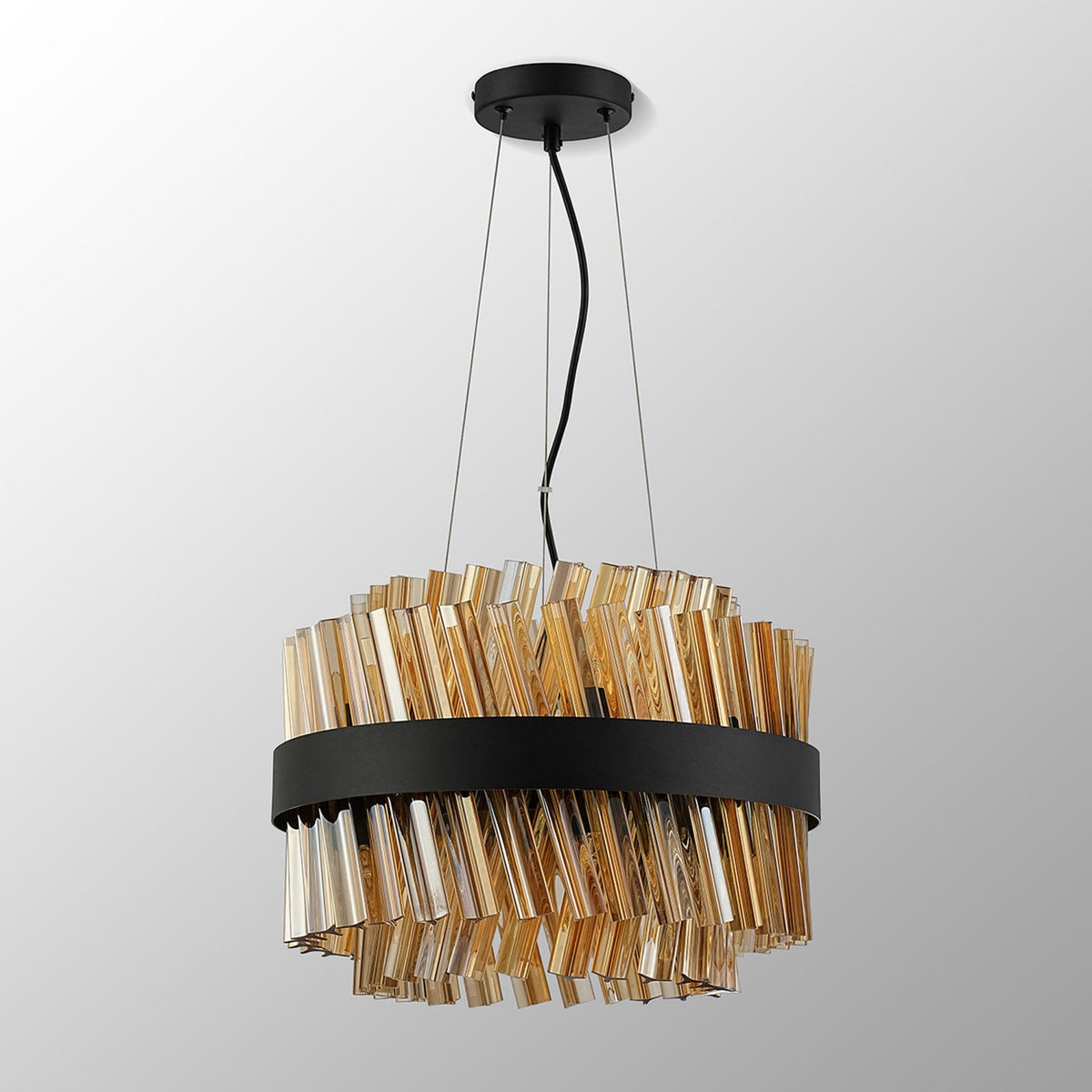 Kelly Ten Light Pendant in Satin Black & Amber Glass