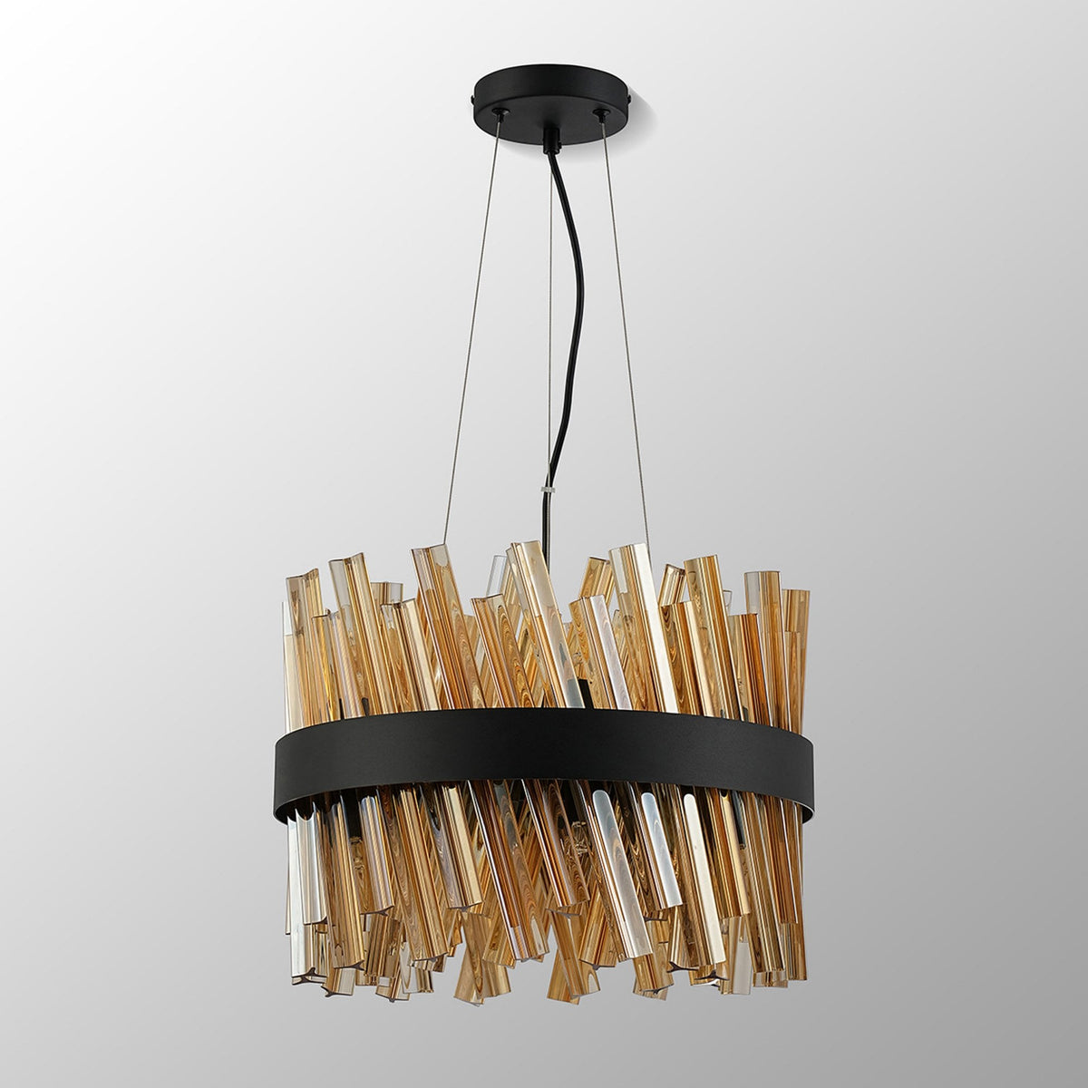 Kelly Ten Light Pendant in Satin Black & Amber Glass