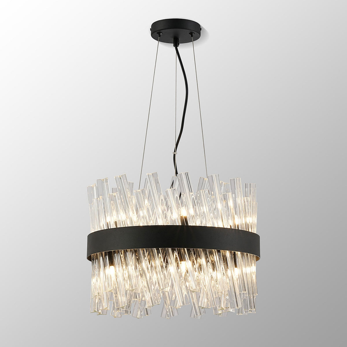 Kelly Ten Light Pendant in Satin Black & Clear Glass