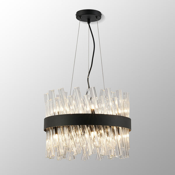 Kelly Ten Light Pendant in Satin Black & Clear Glass