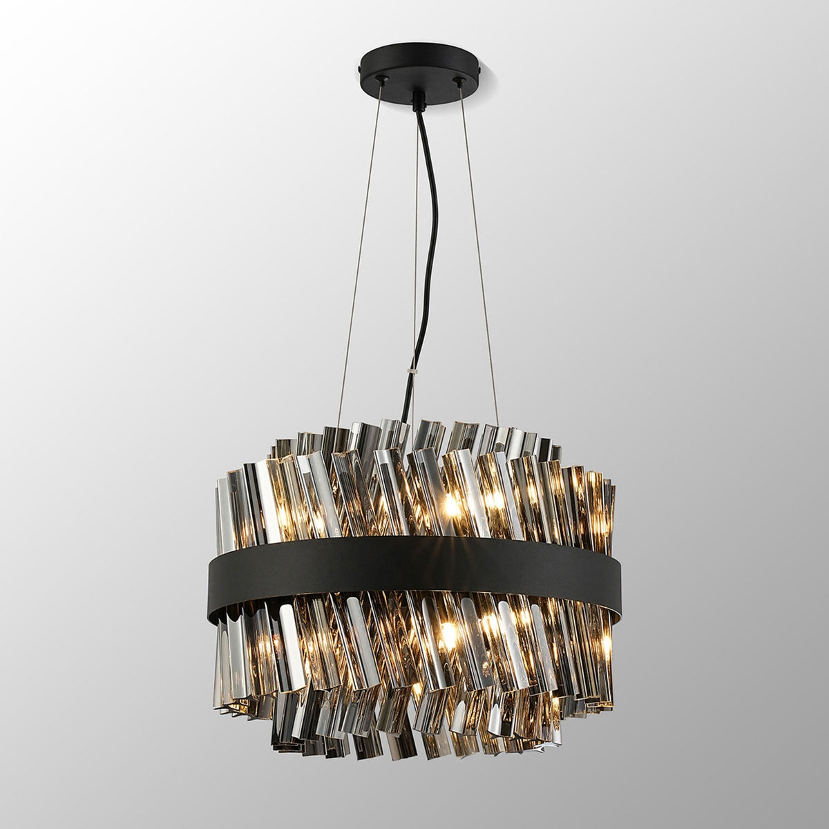 Kelly Ten Light Pendant in Satin Black & Smoke Glass