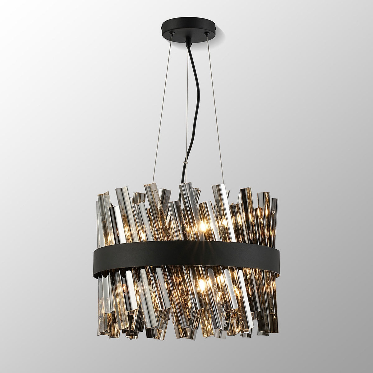 Kelly Ten Light Pendant in Satin Black & Smoke Glass