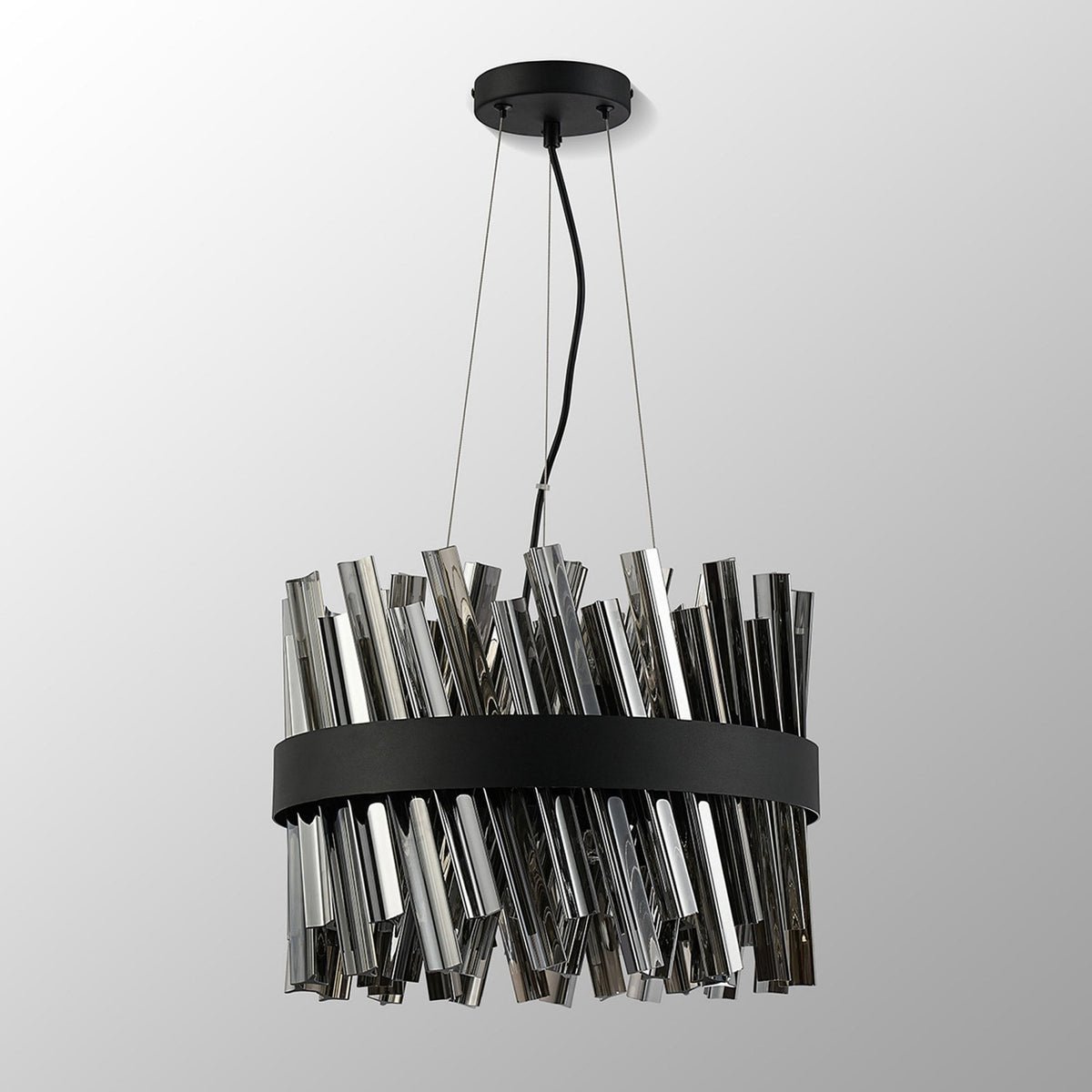 Kelly Ten Light Pendant in Satin Black & Smoke Glass