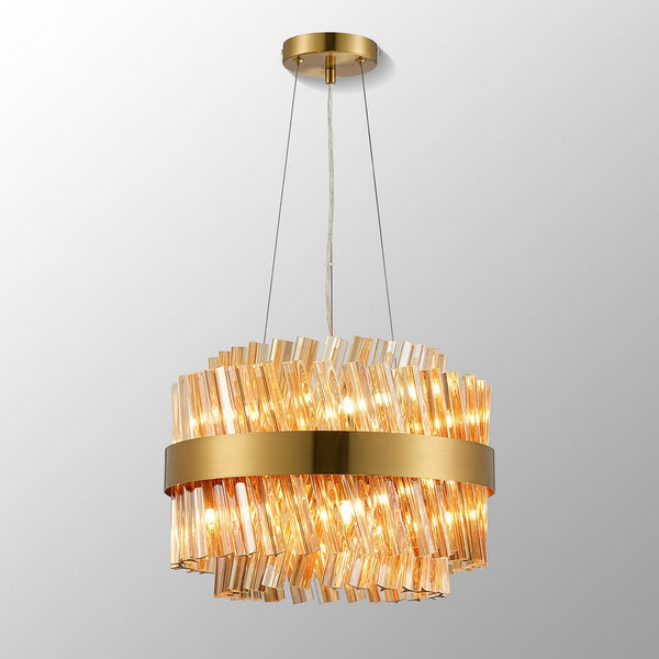 Kelly Ten Light Pendant in Brass & Amber Glass