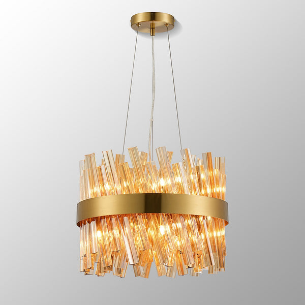 Kelly Ten Light Pendant in Brass & Amber Glass