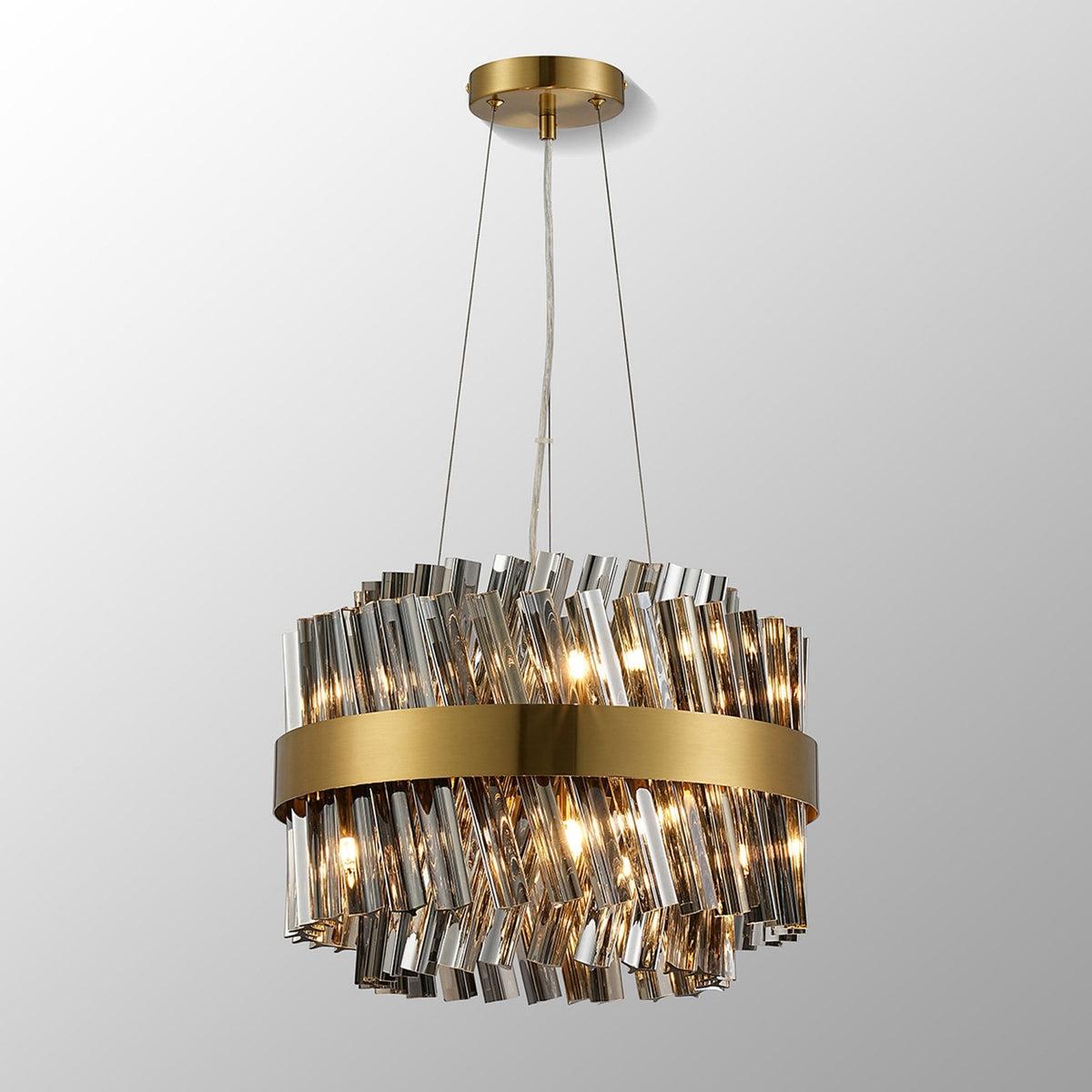 Kelly Ten Light Pendant in Brass & Smoke Glass