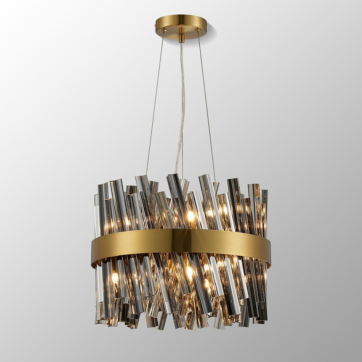 Kelly Ten Light Pendant in Brass & Smoke Glass