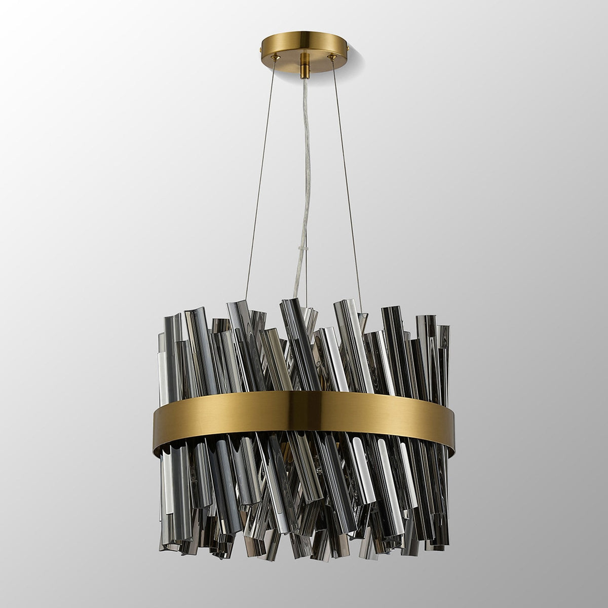 Kelly Ten Light Pendant in Brass & Smoke Glass