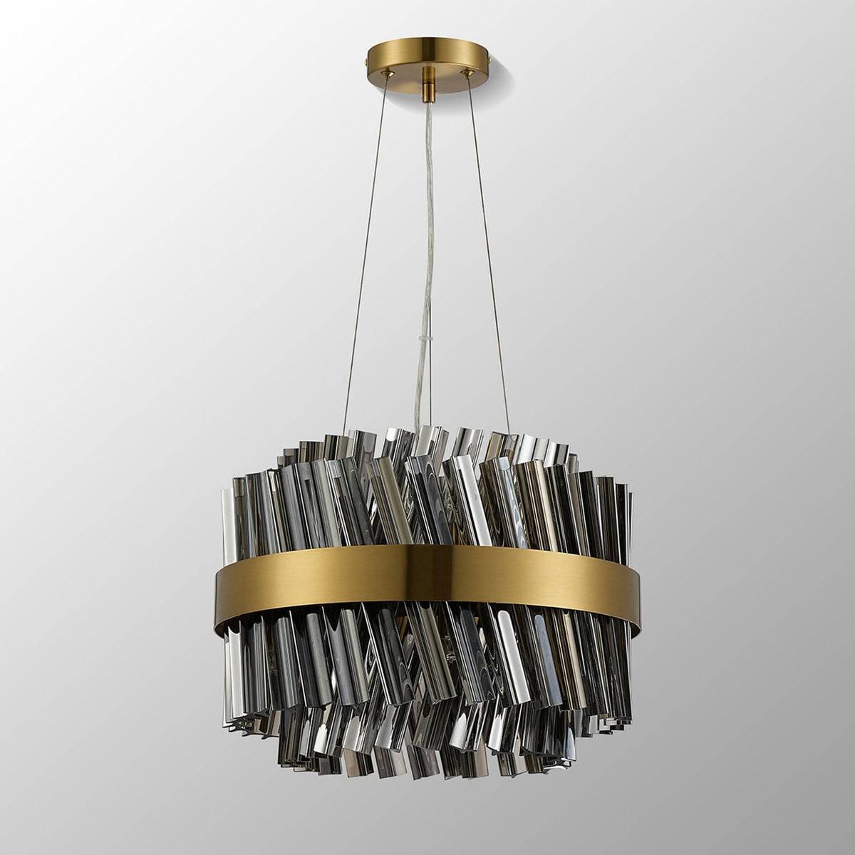 Kelly Ten Light Pendant in Brass & Smoke Glass