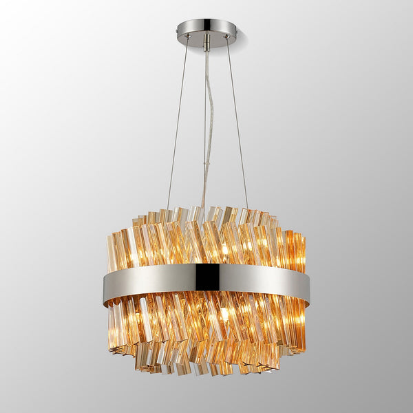 Kelly Ten Light Pendant in Polished Nickel & Amber Glass