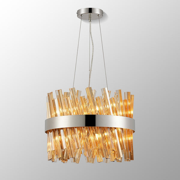Kelly Ten Light Pendant in Polished Nickel & Amber Glass