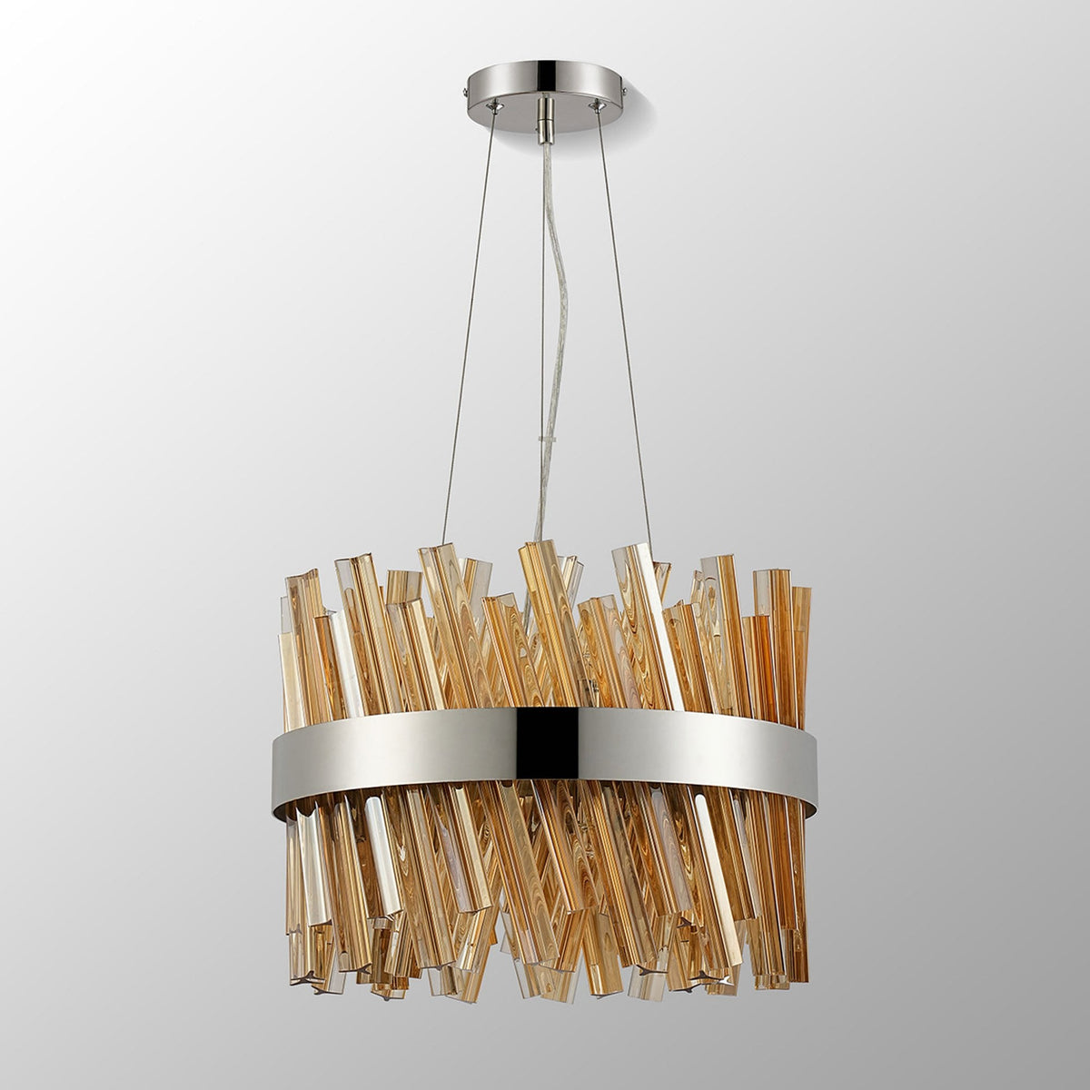 Kelly Ten Light Pendant in Polished Nickel & Amber Glass