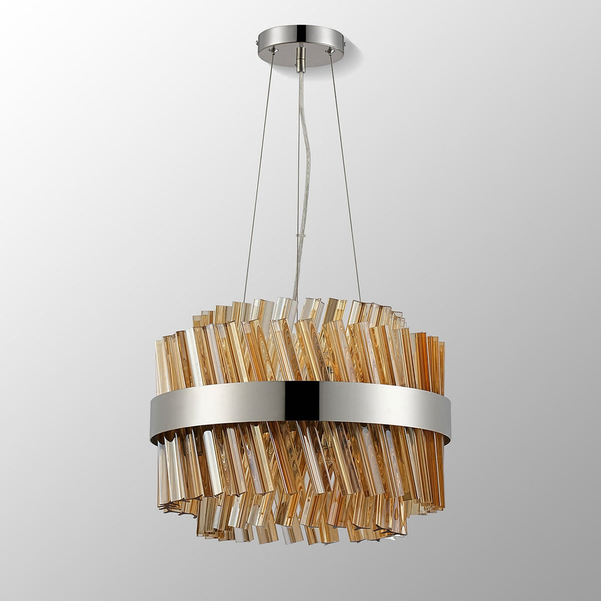 Kelly Ten Light Pendant in Polished Nickel & Amber Glass