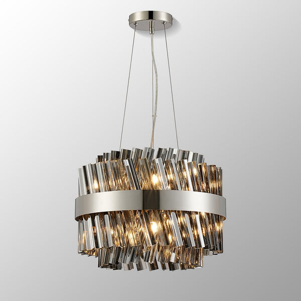 Kelly Ten Light Pendant in Polished Nickel & Smoke Glass