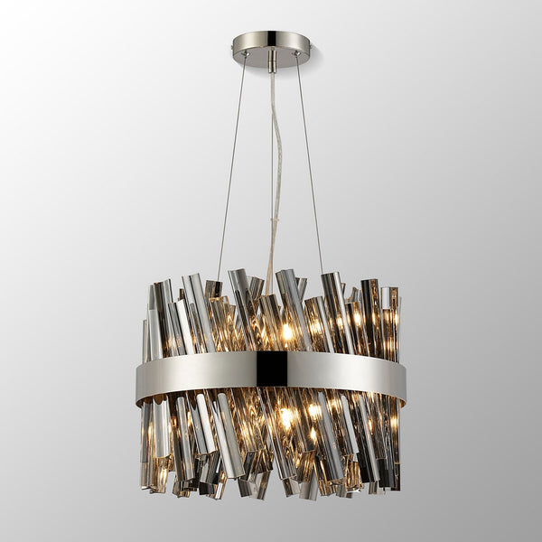 Kelly Ten Light Pendant in Polished Nickel & Smoke Glass