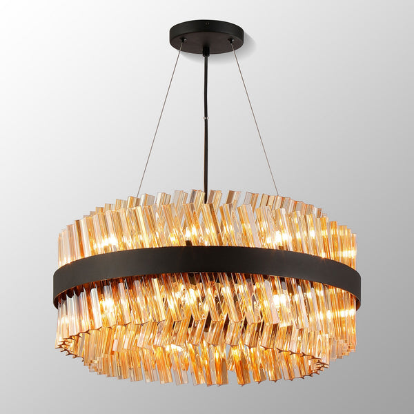 Kelly Eighteen Light Pendant in Satin Black & Amber Glass