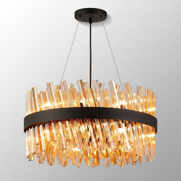 Kelly Eighteen Light Pendant in Satin Black & Amber Glass