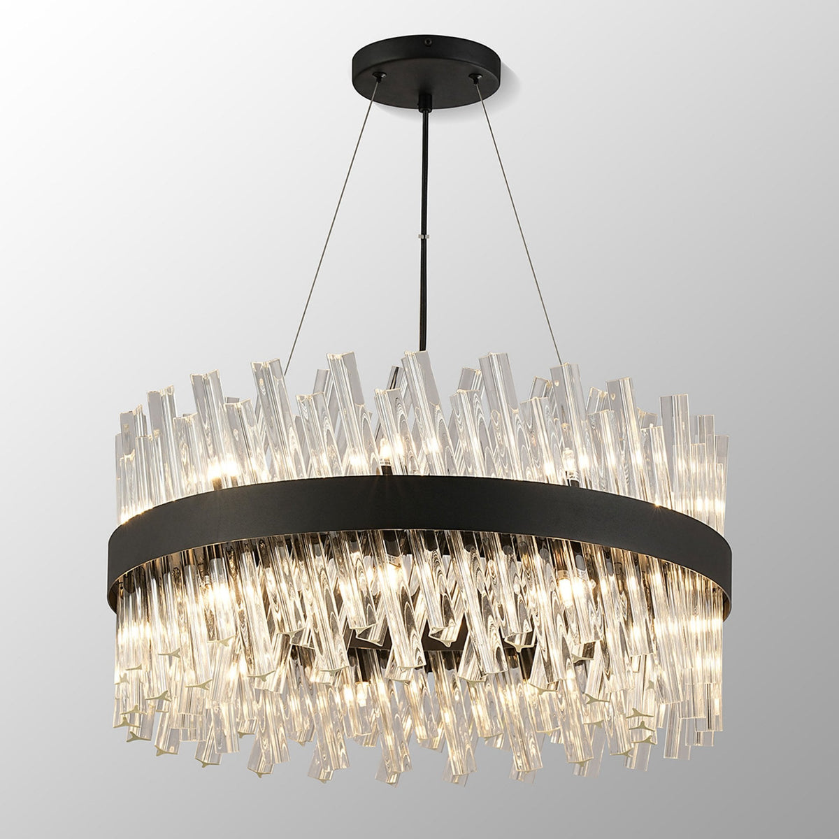 Kelly Eighteen Light Pendant in Satin Black & Clear Glass