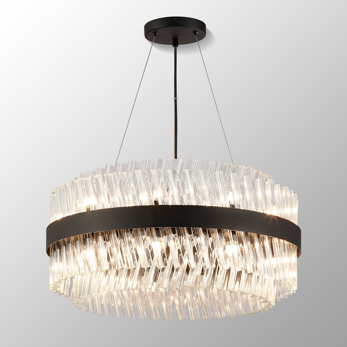 Kelly Eighteen Light Pendant in Satin Black & Clear Glass