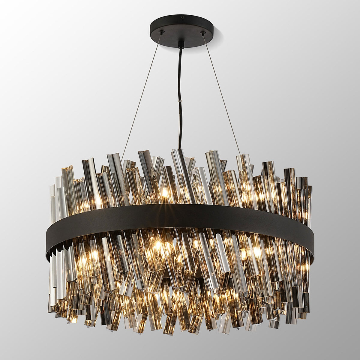 Kelly Eighteen Light Pendant in Satin Black & Smoke Glass