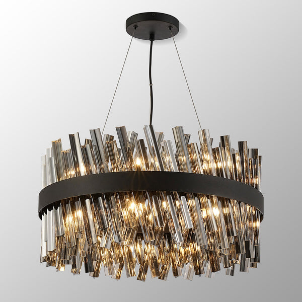 Kelly Eighteen Light Pendant in Satin Black & Smoke Glass