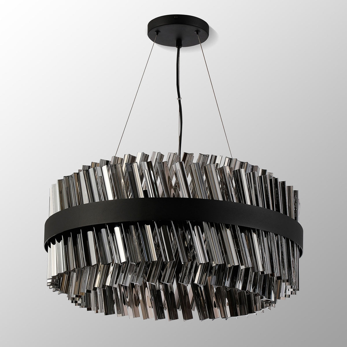 Kelly Eighteen Light Pendant in Satin Black & Smoke Glass