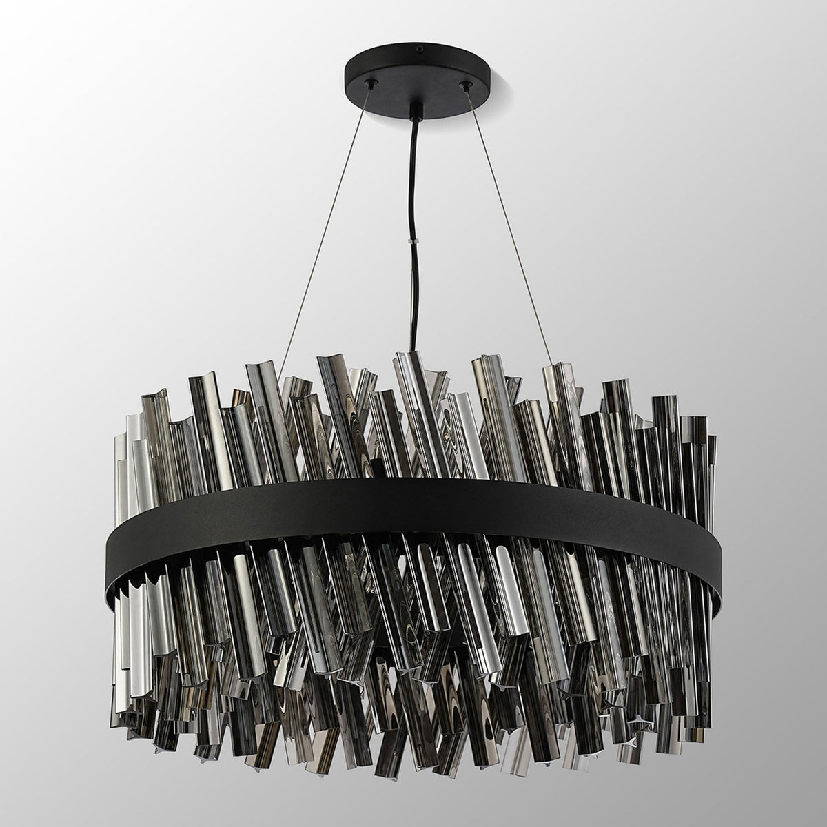 Kelly Eighteen Light Pendant in Satin Black & Smoke Glass