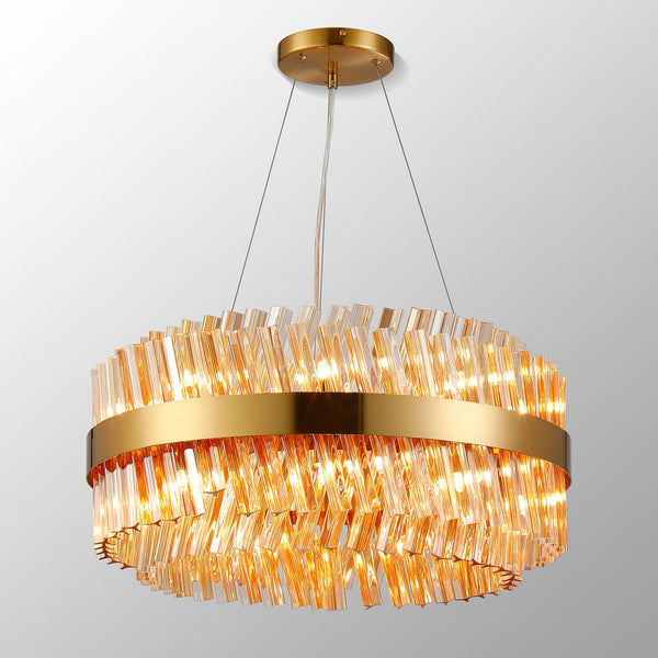 Kelly Eighteen Light Pendant in Brass & Amber Glass