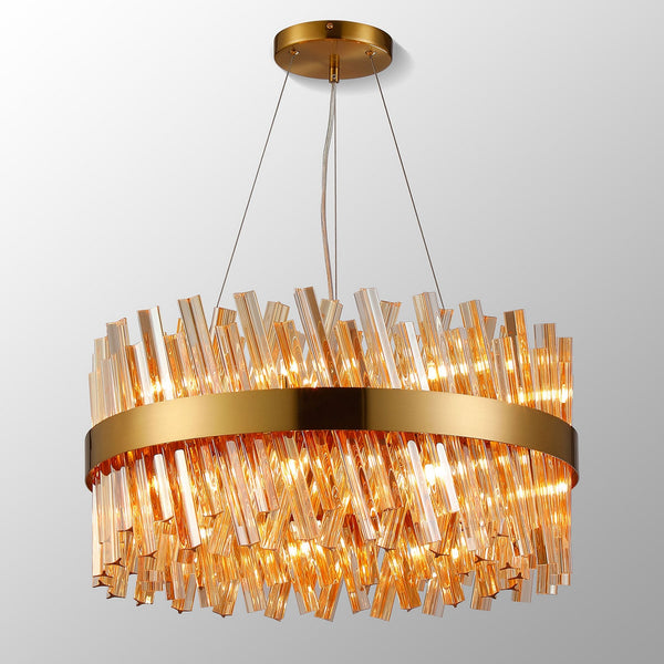 Kelly Eighteen Light Pendant in Brass & Amber Glass