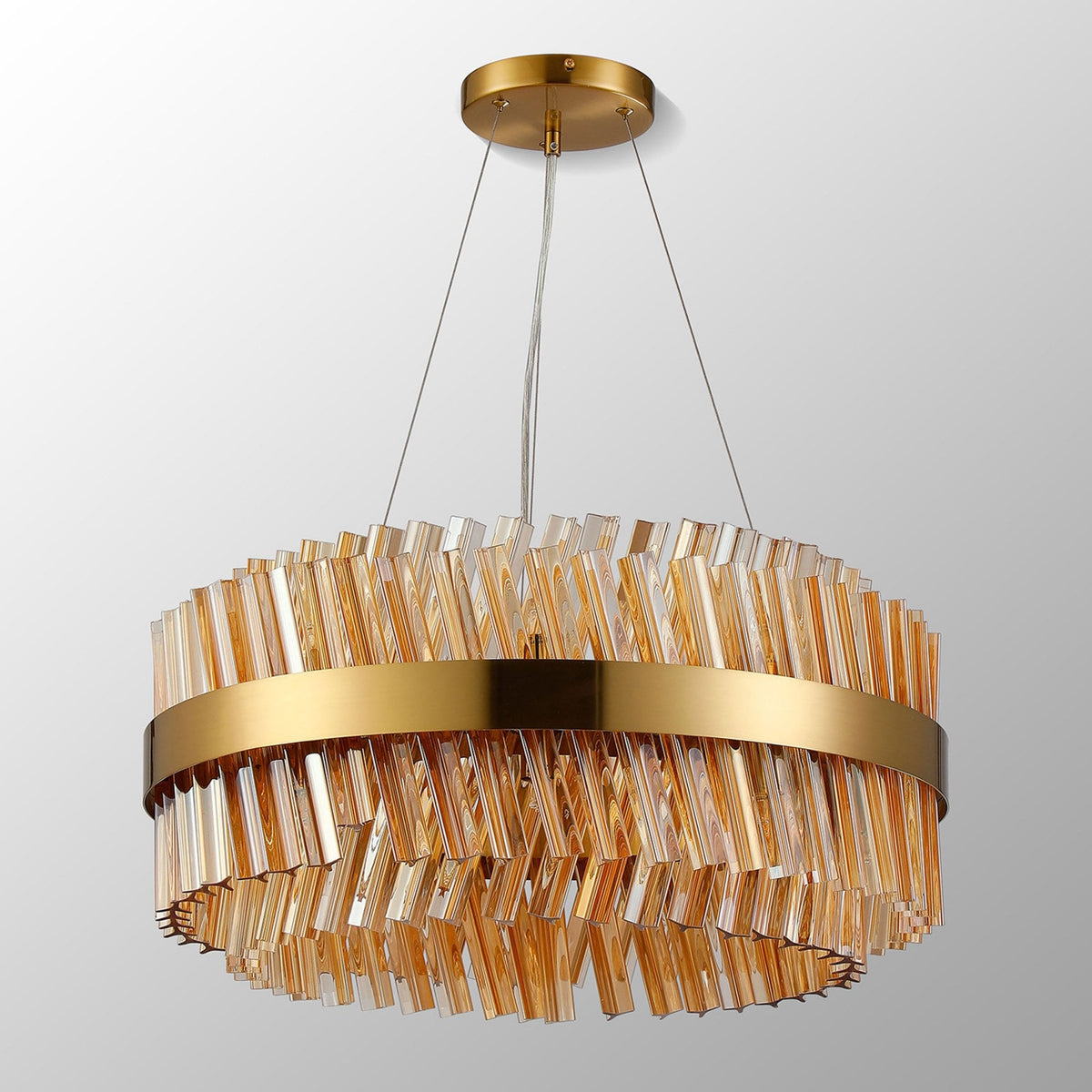 Kelly Eighteen Light Pendant in Brass & Amber Glass