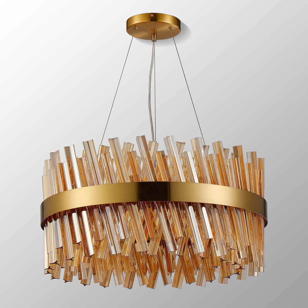 Kelly Eighteen Light Pendant in Brass & Amber Glass