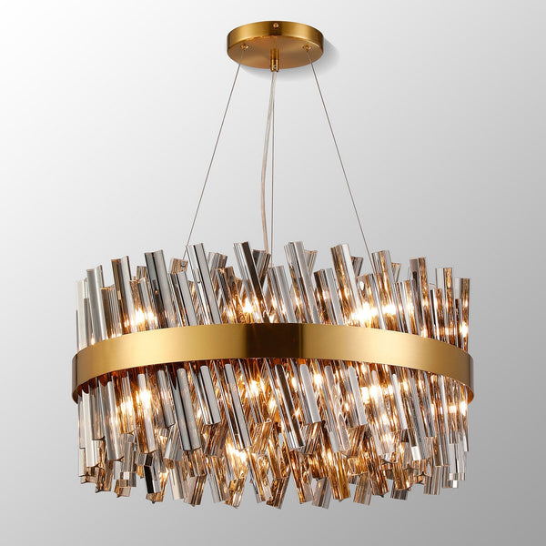 Kelly Eighteen Light Pendant in Brass & Smoke Glass