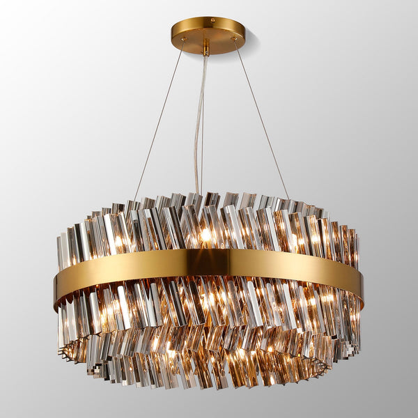 Kelly Eighteen Light Pendant in Brass & Smoke Glass