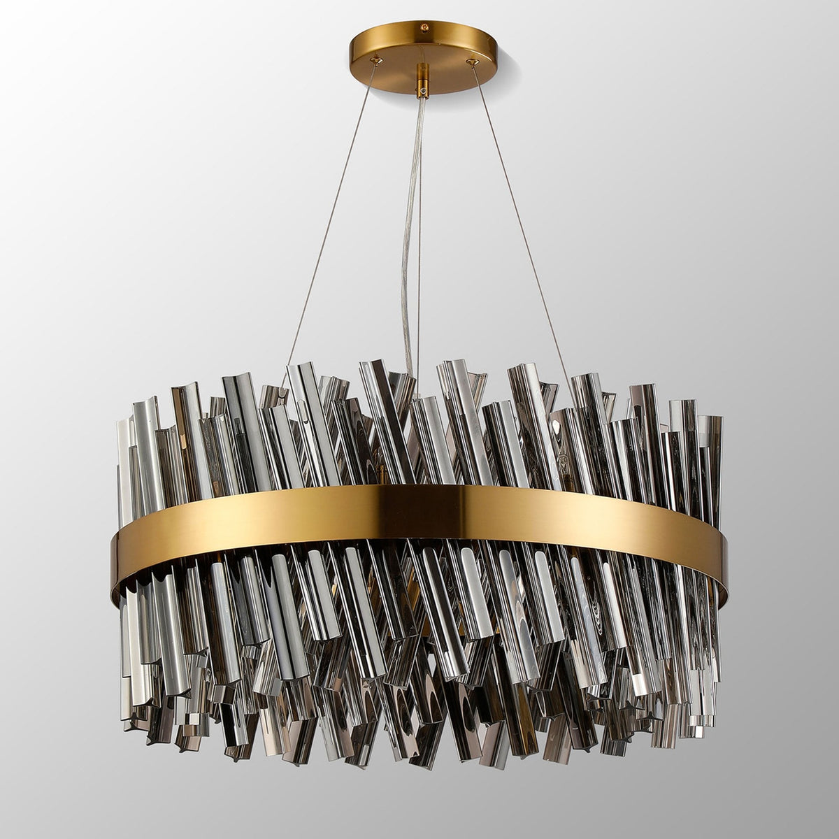 Kelly Eighteen Light Pendant in Brass & Smoke Glass